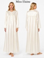 Miss Elaine Satin Long Nightgown Women Ivory Floral Embroidered Sleep Gown SizeM