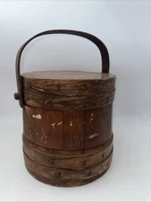 Primitive Antique Vintage Wood Firkin Banded Sugar Bucket w/Handle & Lid 10” S2