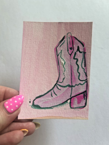 Aceo Original - Cowboy Boot Pink Girly Western - Texas - Texan Sawyer Crane Art