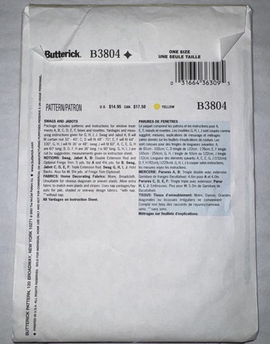 Butterick Waverly Muster B3804 Vorhänge Fensterbehandlungen Swags Jabots UNGESCHNITTEN - Bild 2 von 3