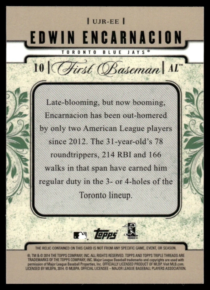 2014 Topps Triple Threads Unity Jumbo Relics Emerald 06/18 Edwin Encarnacion - Image 2 of 2