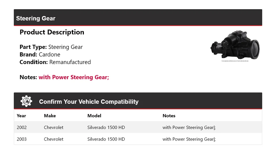 For 2002-2003 Chevrolet Silverado 1500 HD Steering Gear Cardone - Image 2 of 4