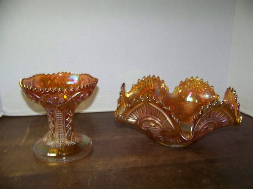 Fruit Bowl w/ Base Twins Carnival Marigold by Imperial Glass-Ohio Ruffled star - Picture 3 of 15