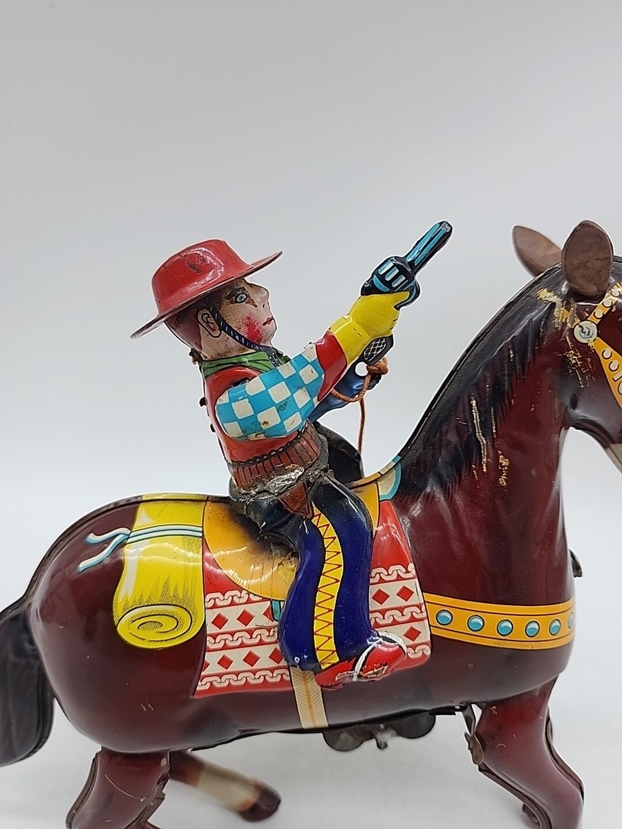 WORKING Vintage Haji Tin Windup Cowboy Riding Horse Western Hero