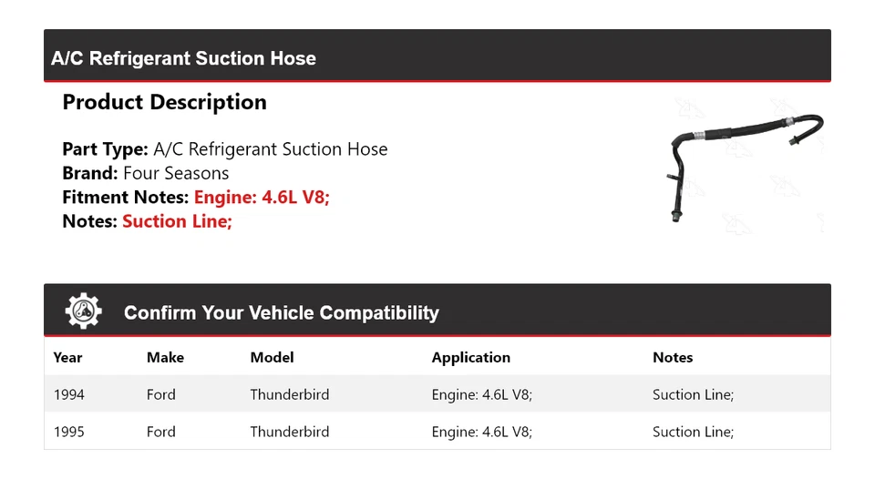 Шланг всасывания хладагента для Ford Thunderbird 4,6 л V8 1994-1995 годов выпуска 4 сезона - Изображение 2 из 4