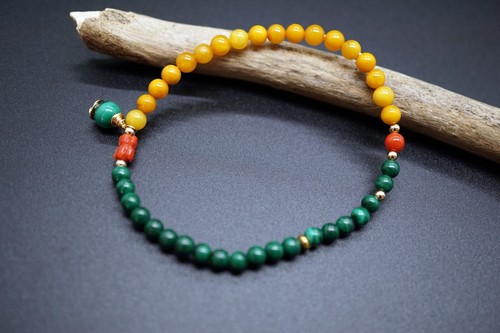 Genuine Malachite and Amber Coral Beaded Bracelet 4MM Tiny Charm Bracelet - Picture 2 of 9