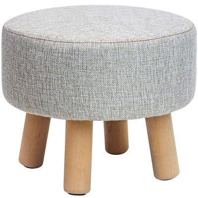 Gray Linen Fabric Round Padded Ottoman Foot Rest Stool w/ Wood Legs Stool Sheath