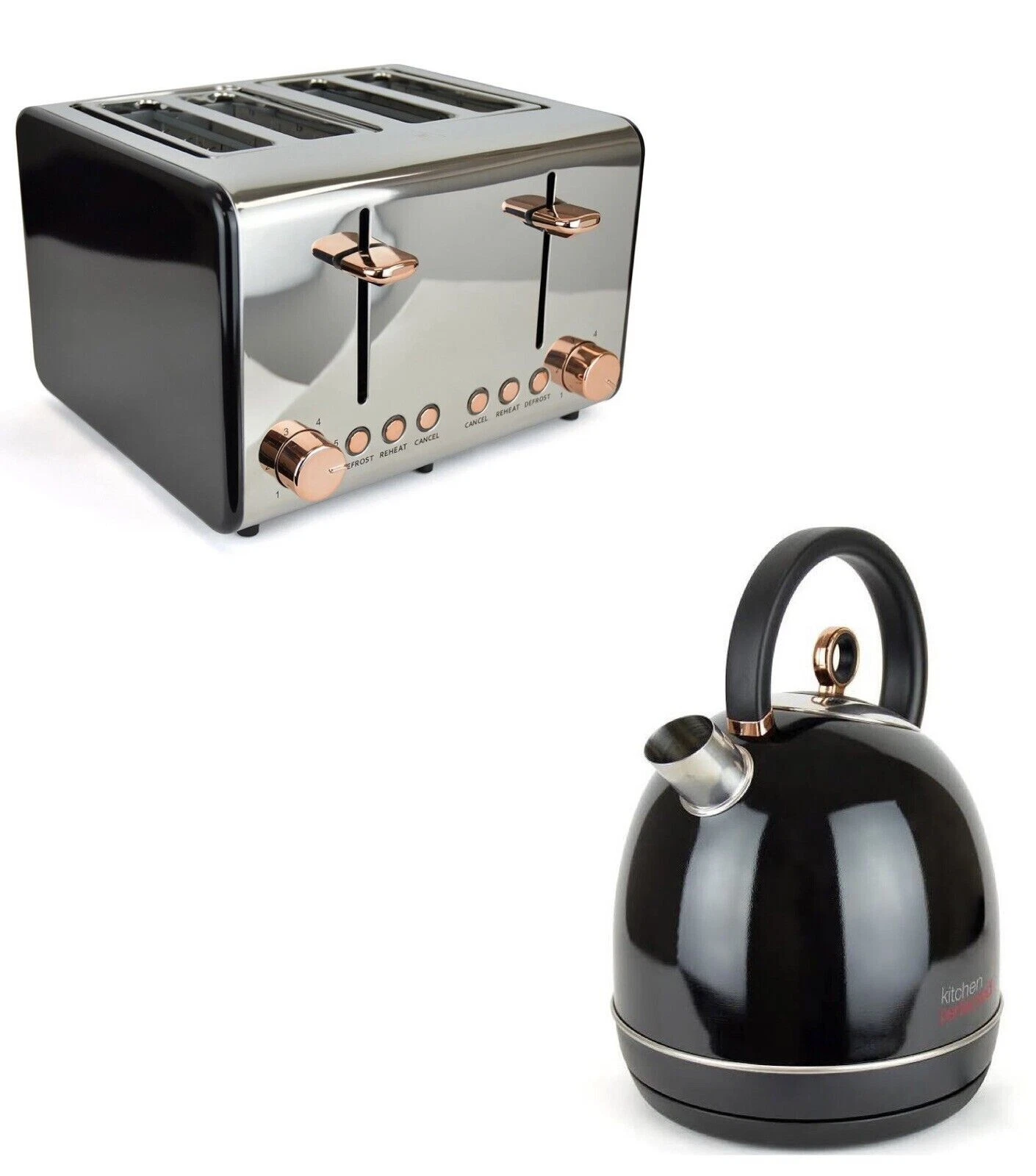 Domed Kettle 1.7L Black Stainless Steel 4 Slice Toaster With Rose Gold Accents