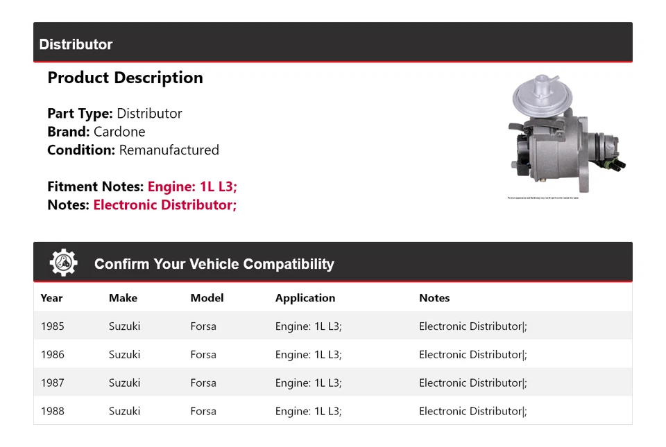 Para 1985-1988 Suzuki Forsa 1L L3 Distribuidor Cardone 1986 1987 Foto 2 de 4