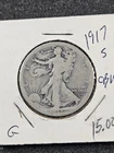 🌟 1917-S Walking Liberty Half Dollar 90% Silver Obverse Mint Mark Good GD