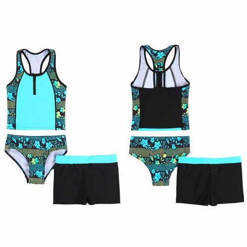 Girls 3Pcs Swimsuit Rash Guard Triangle Bikinis Tankini Sets with Swim Boyshorts - Picture 4 of 36