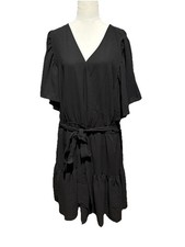 CITY CHIC Elegant Black V Neck Batwing Sleeve Ruffle Belt Midi Dress Size L