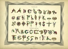 Suite Des Alphabets A Figures Lithograph Ornithoeide and Ichthyomorphique