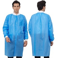 Disposable Lab Coat Blue SMS with Pockets, Breathable Fluid Resistant, M-2XL