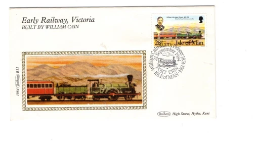 1984 ISLE OF MAN - EARLY RAILWAYS , VICTORIA-BENHAM SILK FDC FROM COLLECTION B21
