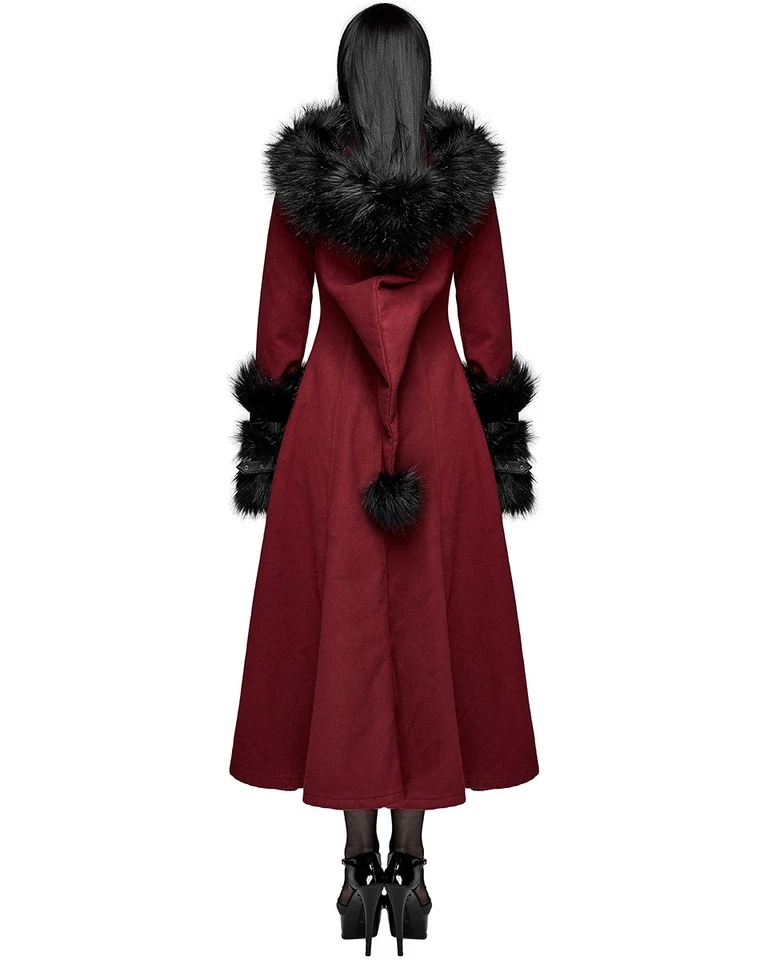 Devil Fashion Womens Long Gothic Lolita Hooded Winter Coat Red Black Faux Fur - Image 4 of 4