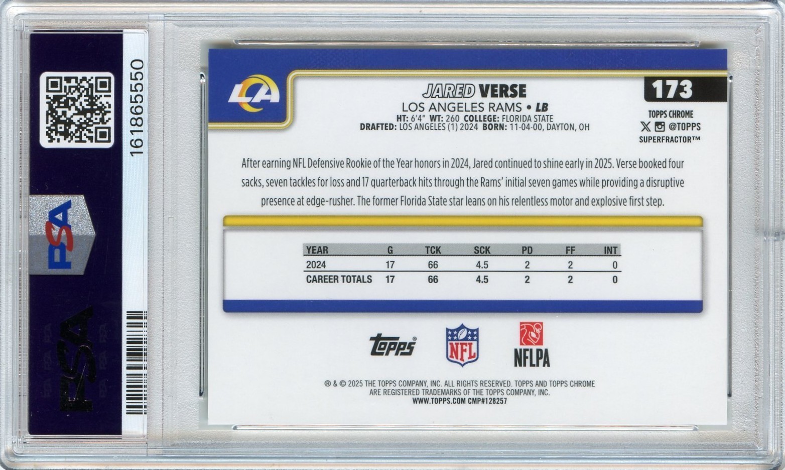 JARED VERSE 2025 TOPPS CHROME SUPERFRACTOR #'D 1/1 #173 PSA 8 CLEVELAND BROWNS view 2