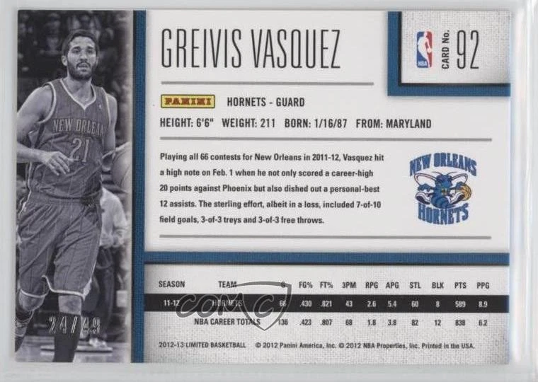 2012-13 Limited Spotlight Silver /49 Greivis Vasquez #92 - Image 2 of 2