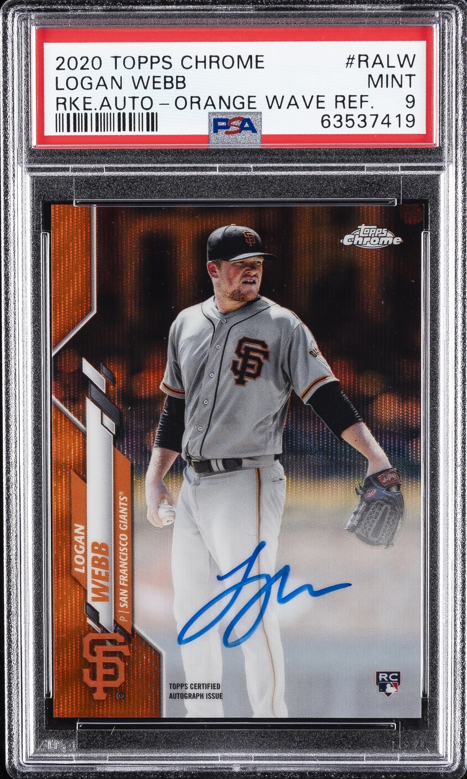 2020 TOPPS CHROME RC AUTOS ORANGE WAVE REFRACTOR LOGAN WEBB #/25 PSA 9 AUTO