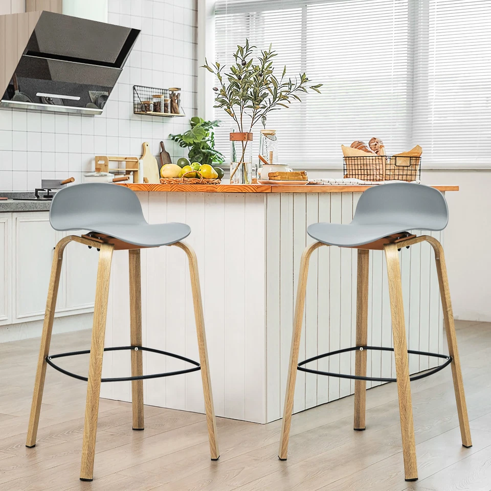 Costway Modern Set of 2 Barstools 30inch Pub Chairs w/Low Back&Metal Legs Grey - Image 4 of 4