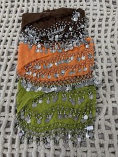 Three Belly Dance Hip Coin Scarfs In Green Orange and Brown One Size 0151