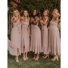 Show Me Your Mumu Claire Midi Dress in Soft Beige Chiffon S NWT