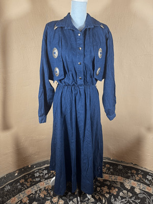 Sassa Ltd. Vintage 1980s Dark Wash Denim Western Dress  Silver Concho & Collar T