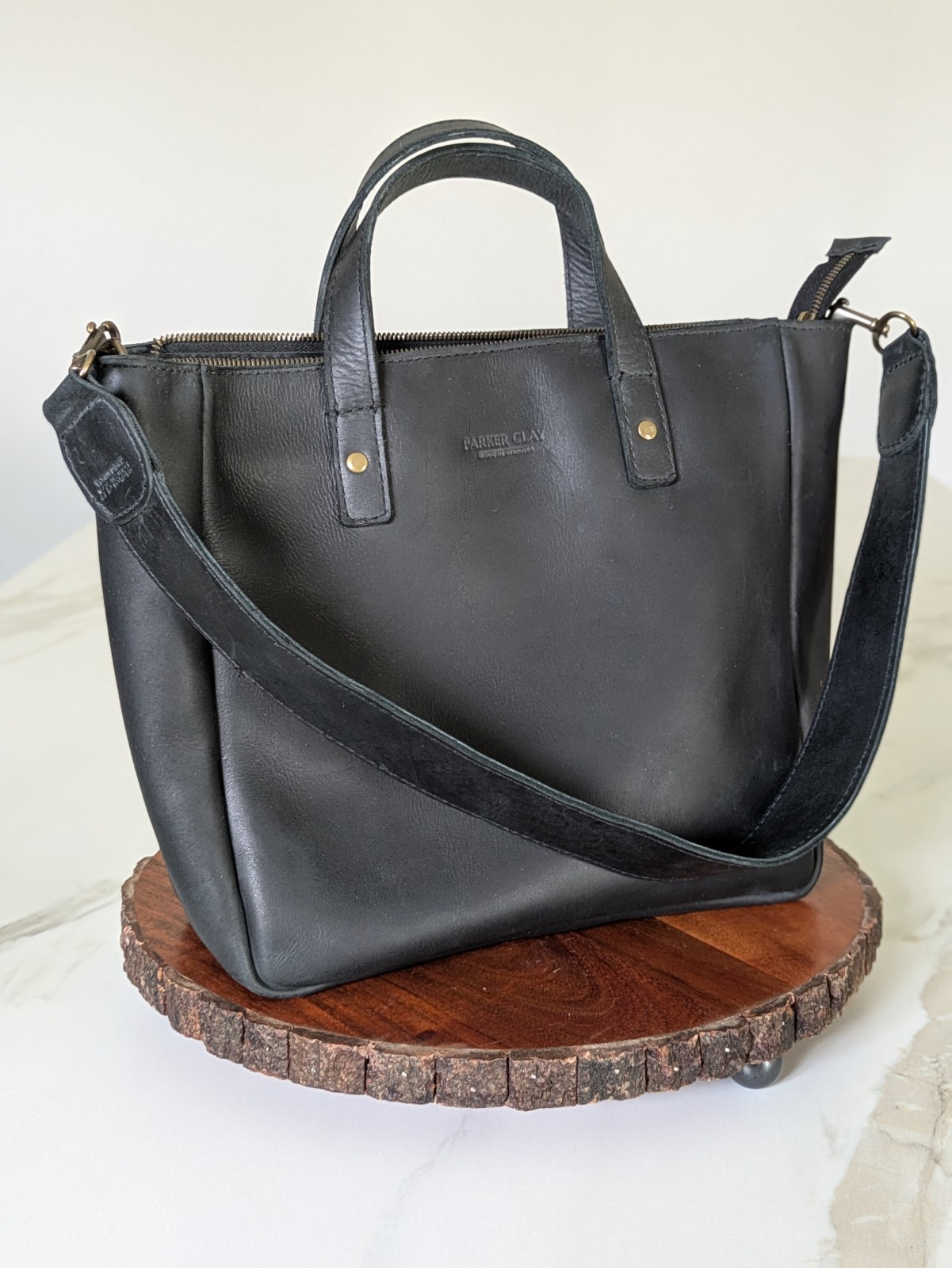 Used Parker Clay Black Tote Purse With Shoulder Strap Ethiopian Leather Handbag