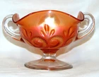 Dugan Footed Handled Bon Bon Question Marks Iridescnet Marigold Carnival Glass