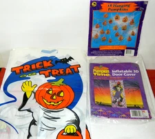 1990's Halloween Lot:  SunHill 18 Hanging Pumpkins, Inflatable Door Witch, Bags