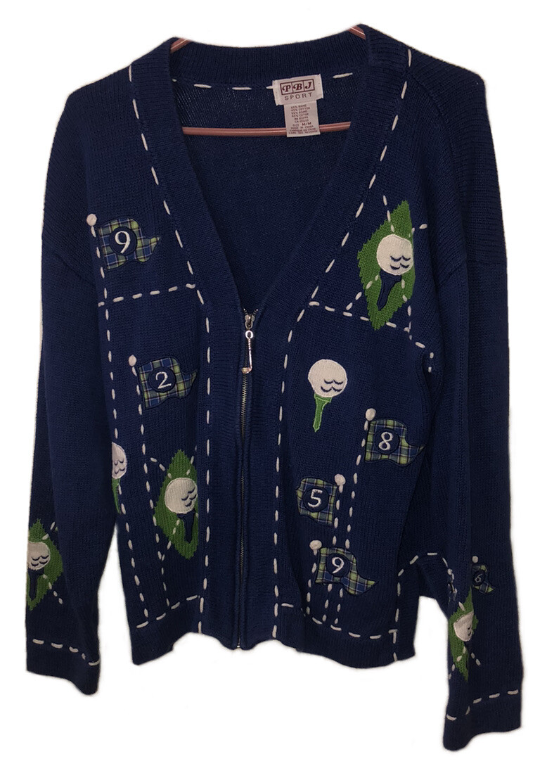 トップス 80s Sport Wear Cardigan Vintage Golf Theme Cardigan Sweater PBJ Sport Size Medium