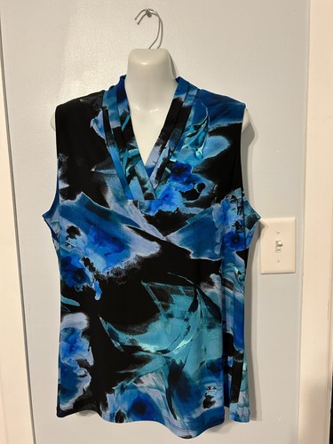 NWT Anne Klein Black & Blue Multi Sleeveless V-Neck Tank Top Plus Size 2X