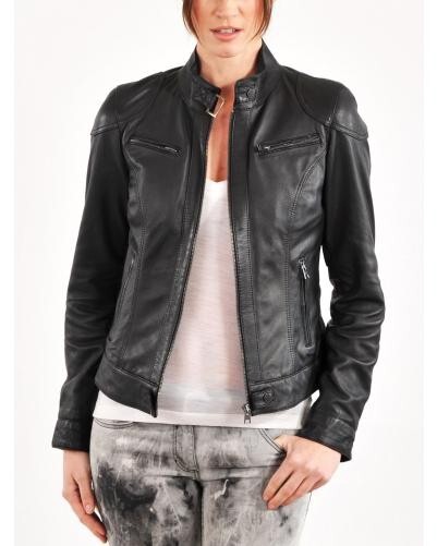 New Leather Women Biker Jacket Genuine Black Bomber Leather Jacket XS-2XL FB91