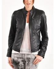 New Leather Women Biker Jacket Genuine Black Bomber Leather Jacket XS-2XL FB91