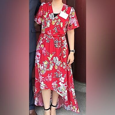 cato red dresses Cato Red Floral Faux Wrap Short Sleeve High Low Midi Dress Size XS