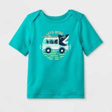 12M -Boys' Short Sleeve Rash Guard shirt "Let's Ride"- Cat  Jack Aqua 12M