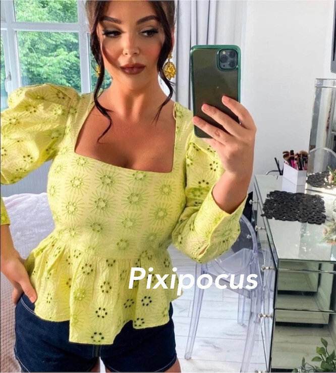 ZARA NUEVO CALADO BORDADO OJALES MANGA ABULLONADA TOP Verde S, M, L # 7521 / 005