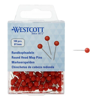 WESTCOTT Rundkopfnadeln Stecknadeln Markierungsnadeln Pinnwandnadeln Nadeln 100 Stück Rot