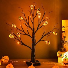 2Pack Halloween Tree Black Spooky Tree with 24LED Orange Lights and 10 Pumpki...