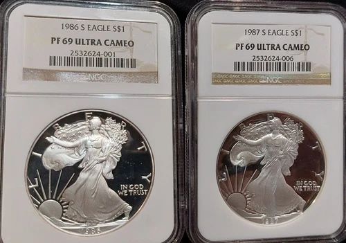 1986 + 1987-S 1 Oz PROOF American SILVER Eagle Lot NGC PF69 UC 1st 2 Years Made!