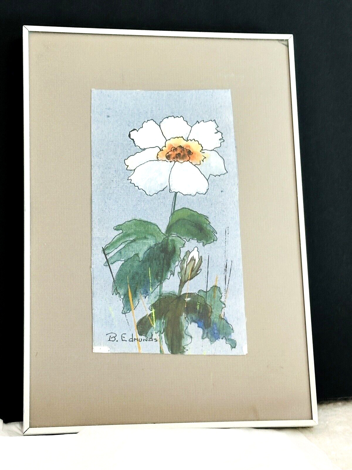 FRAMED OIL ON CANVAS ‘WHITE FLOWER’, B. EDMUNDS ORIGINAL SIGNED 15”x10” Matted
