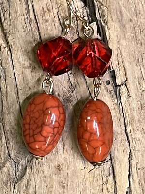 Beautiful Native American Navajo Red Howlite & Faceted Glass Dangle Earrings