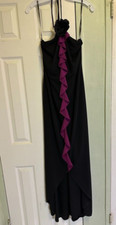 Nightway  Black Stretch Sleeveless Bow Detail Ruffle Halter Gown Size XS