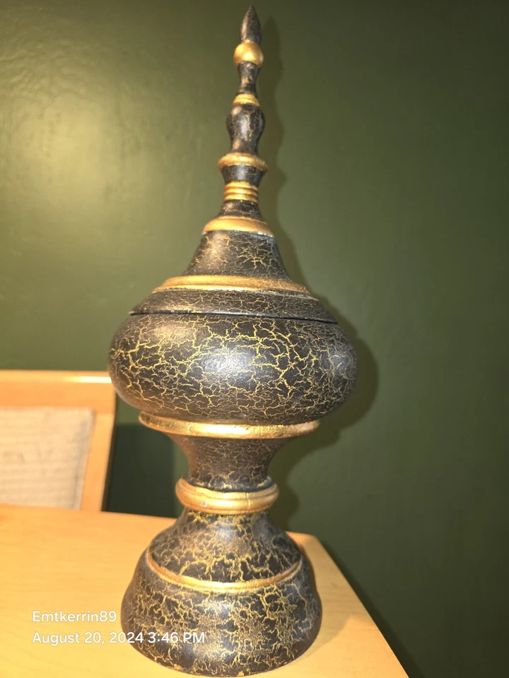 Vintage Burmese Painted Carved Wood Offering Vessel Black Gold - Image 3 of 4