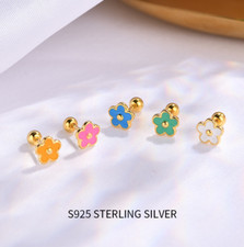 14K Gold STERLING SILVER 6mm ENAMEL Daisy Flower SCREW BACK STUD EARRINGS I66