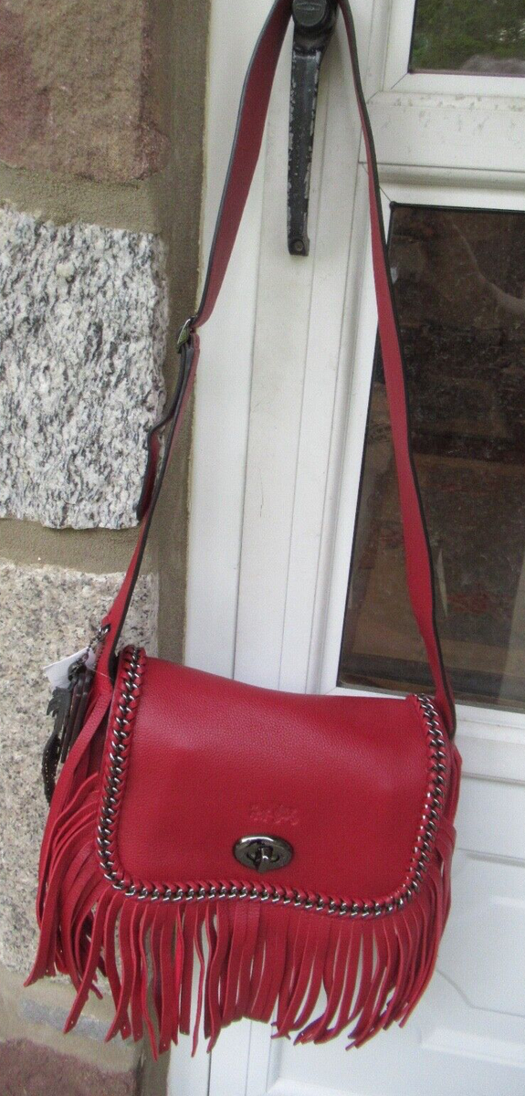 NWT Coach Dakota Whiplash Fringe Flap SB / Red Currant/ Chain