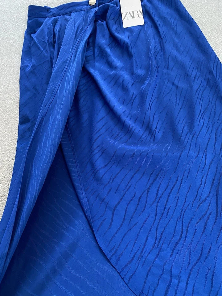 ZARA SKIRT WOMENS SZ SMALL 10 AUTUMN COBALT BLUE SILKY FEEL MIDI WRAP 36” LENGTH - Image 2 of 4