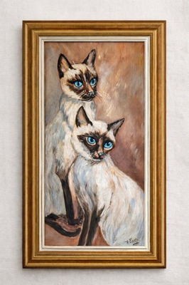 #ad Vintage MCM Siamese Cat Oil Painting Big Eyed Cats Framed Art Kitsch Signed $189.95