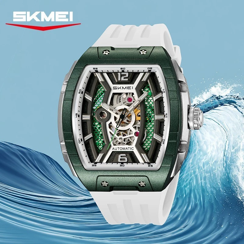 Мужские автоматические механические часы Tonneau скелетный циферблат светящиеся стрелки водонепроницаемые - Изображение 4 из 4