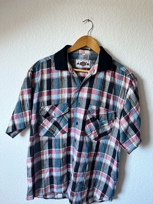 T.R.A.X Basic Vintage Plaid Short Sleeve Shirt with Black Contrast Collar